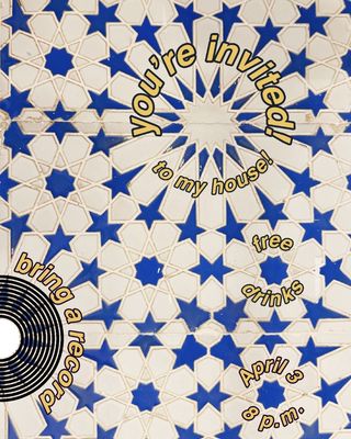 House party invite with geometric tile pattern