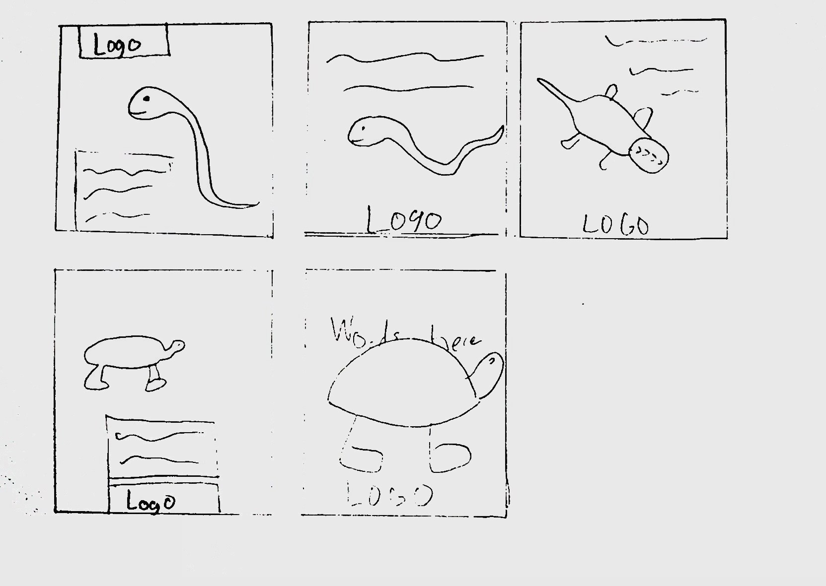 Hand-drawn thumbnail sketches for a digital ad series with turtle, snake, and lizard layouts