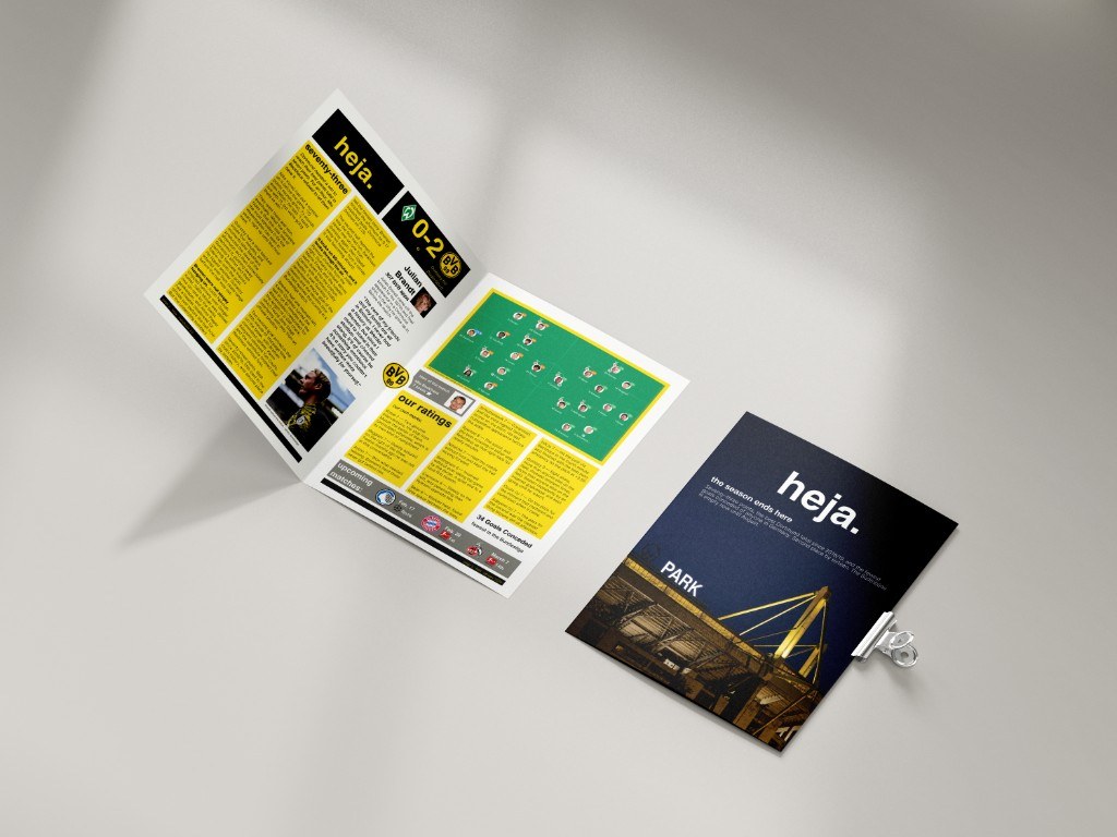 Final mockup of the heja. Borussia Dortmund newsletter showing interior spread and cover