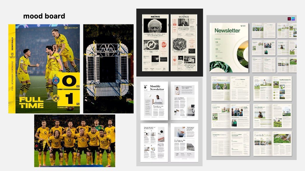 Mood board with sports graphics, newspaper layouts, and newsletter template references