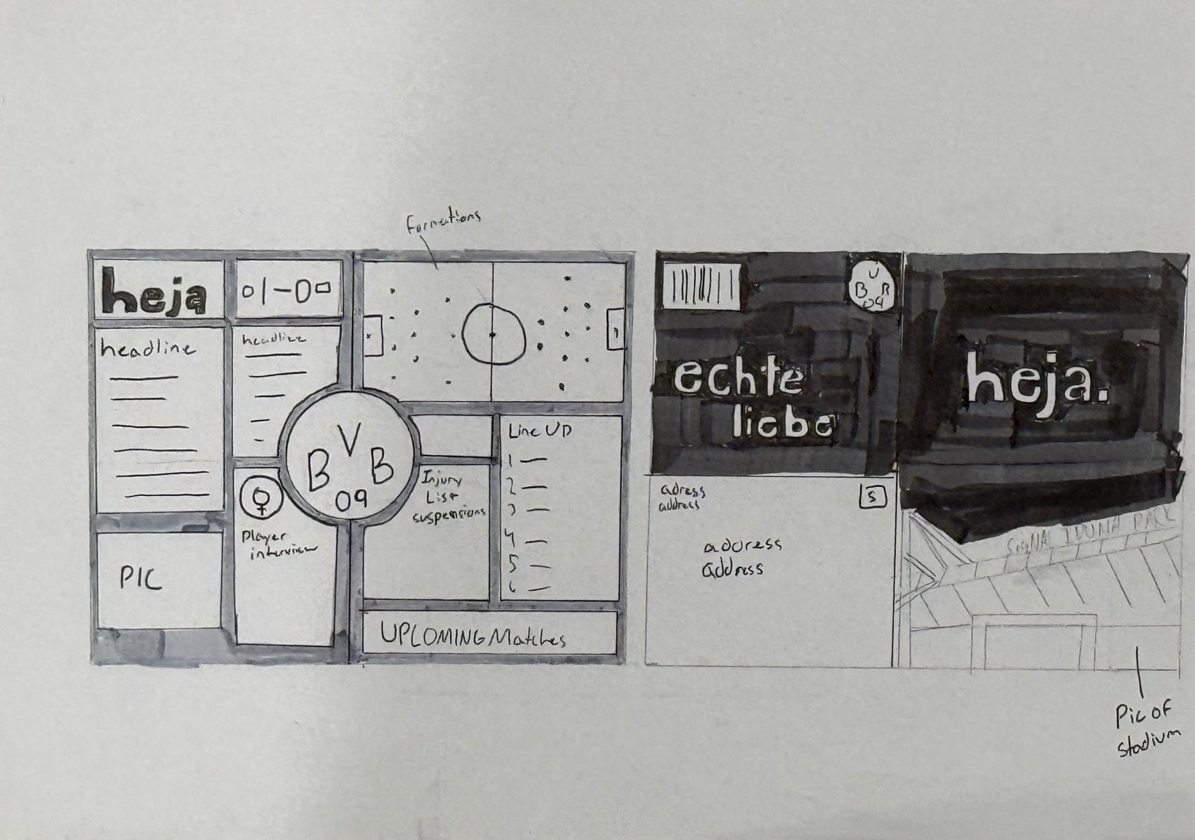 Hand-drawn BVB newsletter sketches with heja cover modules and interior page grid