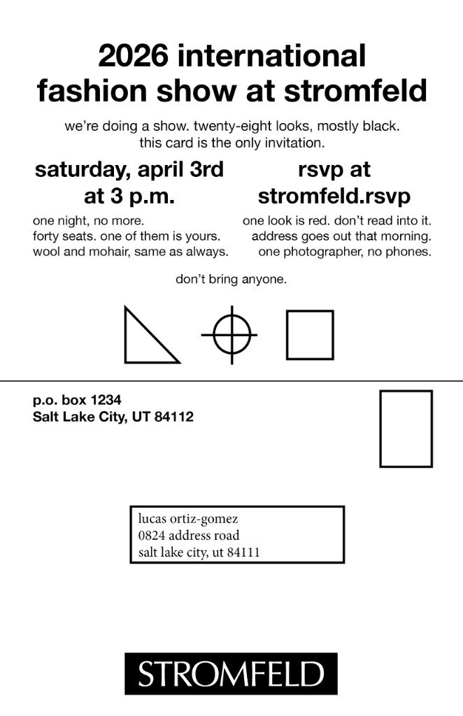 Postcard front and back layout for the 2026 Stromfeld international fashion show