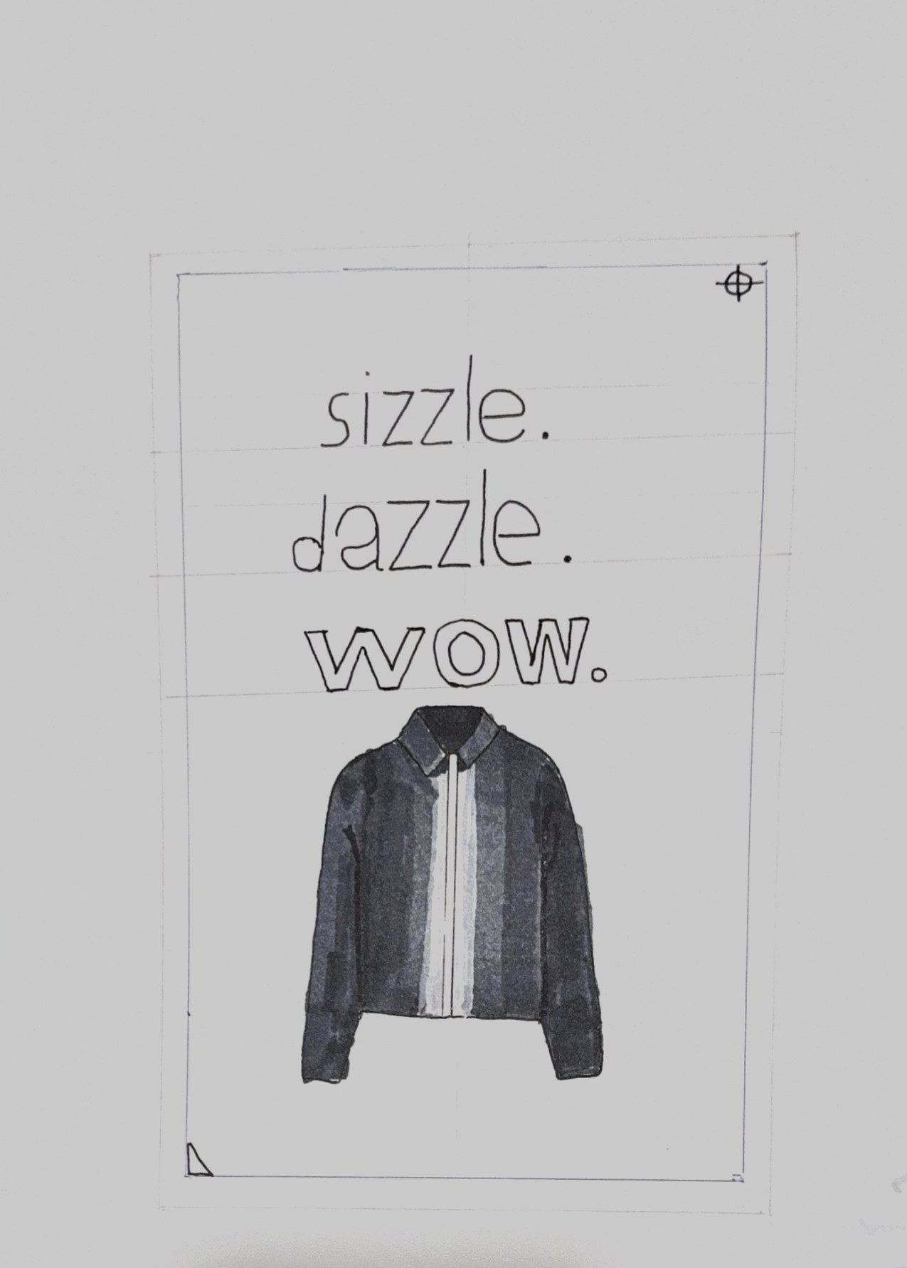 Hand-drawn postcard prelim: sizzle, dazzle, WOW type study with jacket illustration