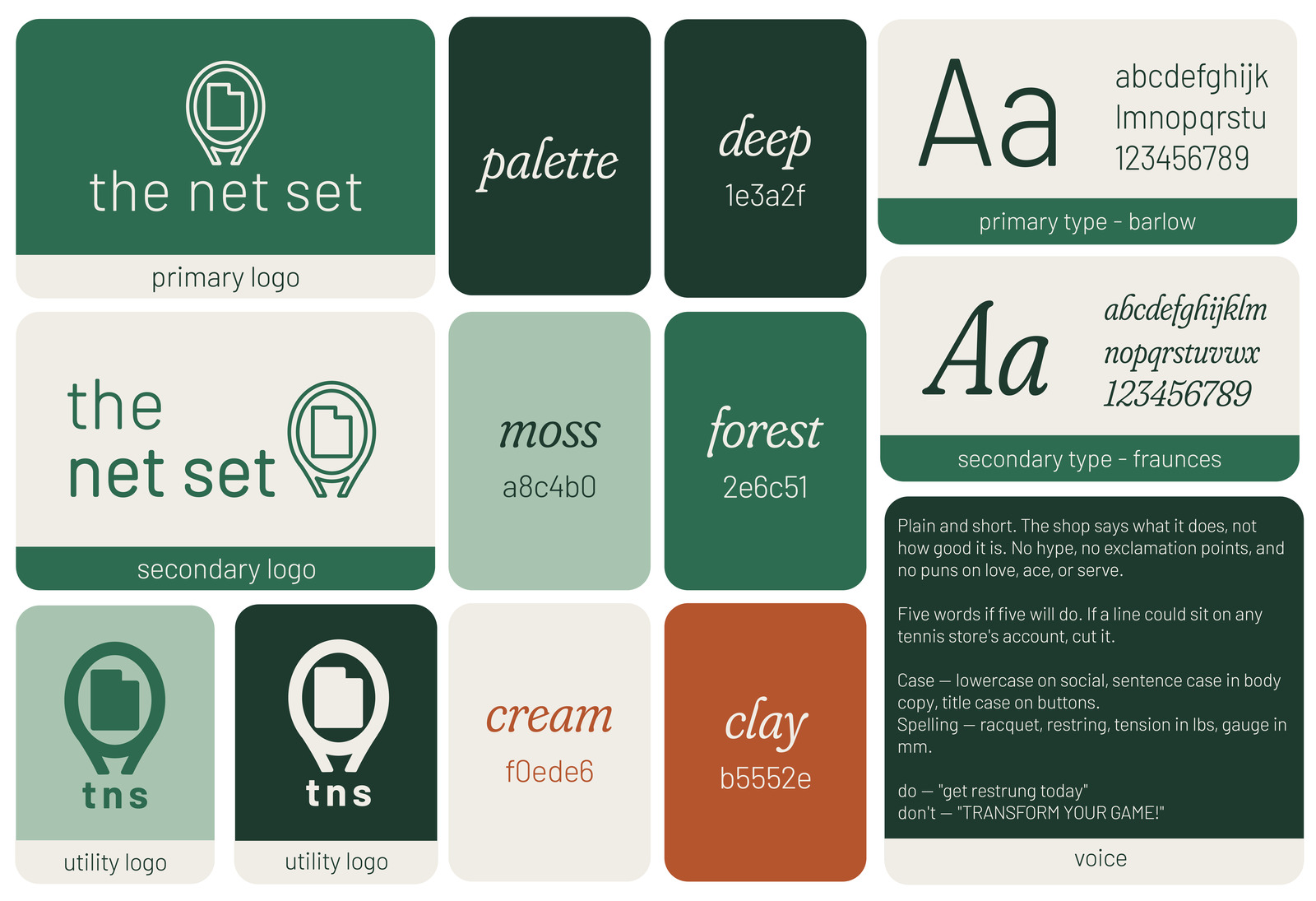 The Net Set brand sheet: logos, palette, type and voice