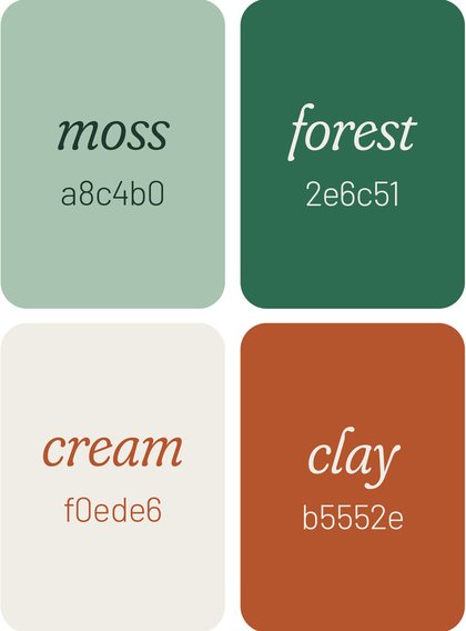 Moss, forest, cream and clay colour swatches with hex values