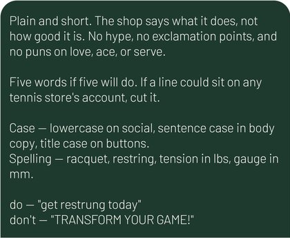 Voice guidelines card from the brand sheet