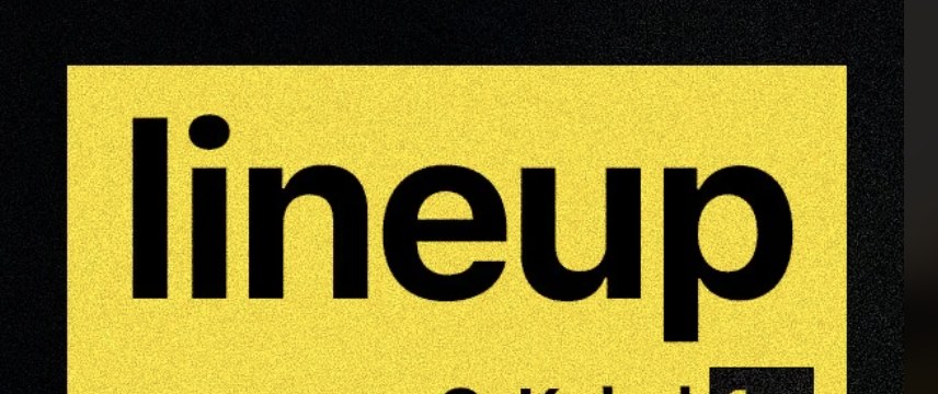 Close crop of condensed sans type spelling lineup on a yellow field